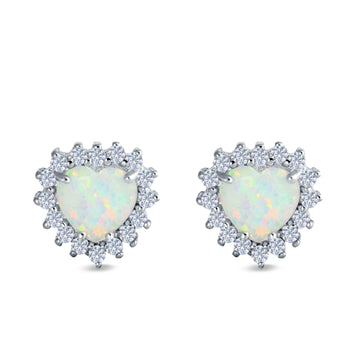 Halo Art Deco Heart Stud Earrings Lab Created White Opal Simulated CZ 925 Sterling Silver (12mm)